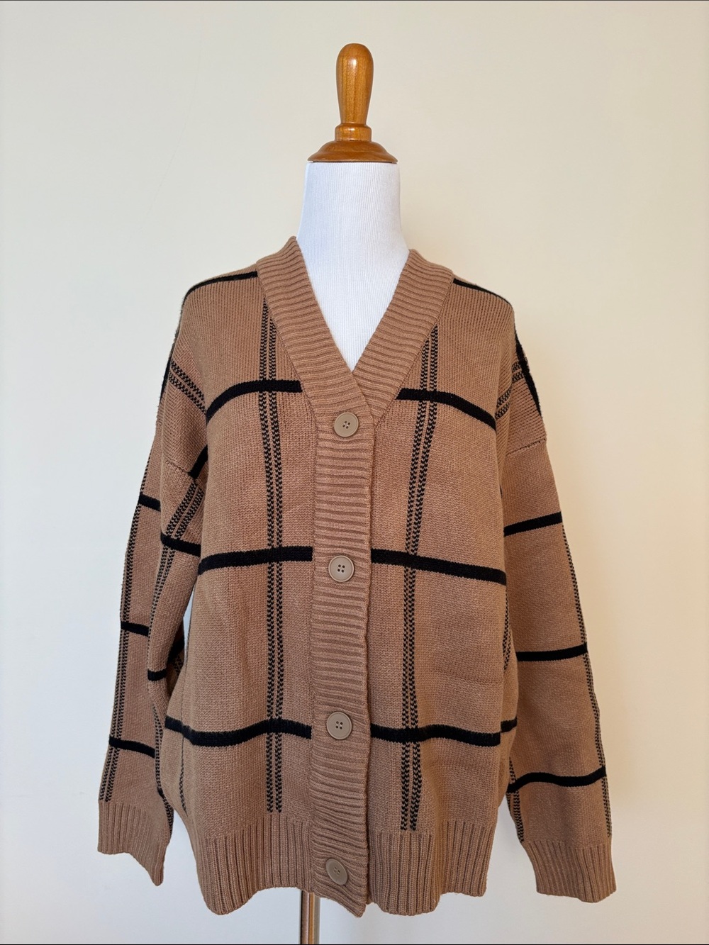 OAK + FORT Camel Plaid Button-Up Oversized Cardigan with Black Windowpane